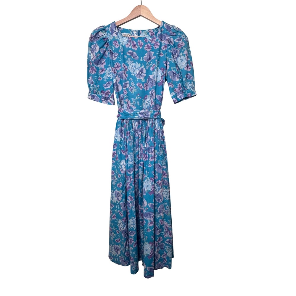 Vintage 80s Laura Ashley Floral Puff Sleeve Midi Dress Blue Purple Prairie Sz 10